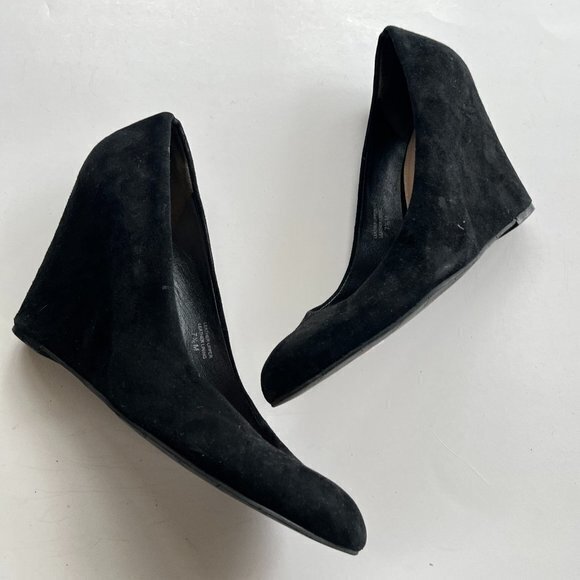 VIA SPIGA BLACK SUEDE‎ LEATHER WEDGE 4" HEELED WOMENS SIZE 7.5M WORK - Picture 1 of 8